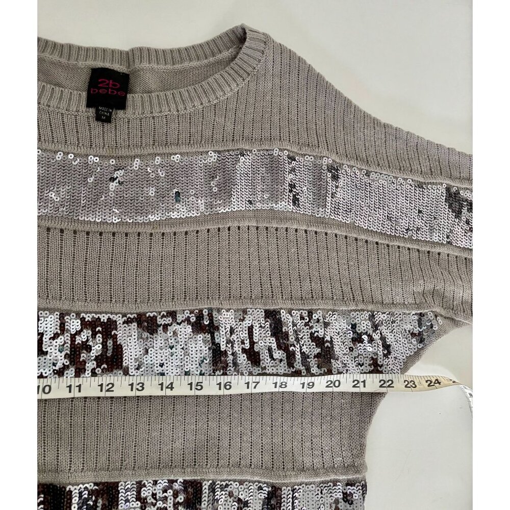 2b Bebe Sweater Medium Silver Sequin Stripes Y2K Revival Quiet Luxury Soft Glam - Picture 4 of 7
